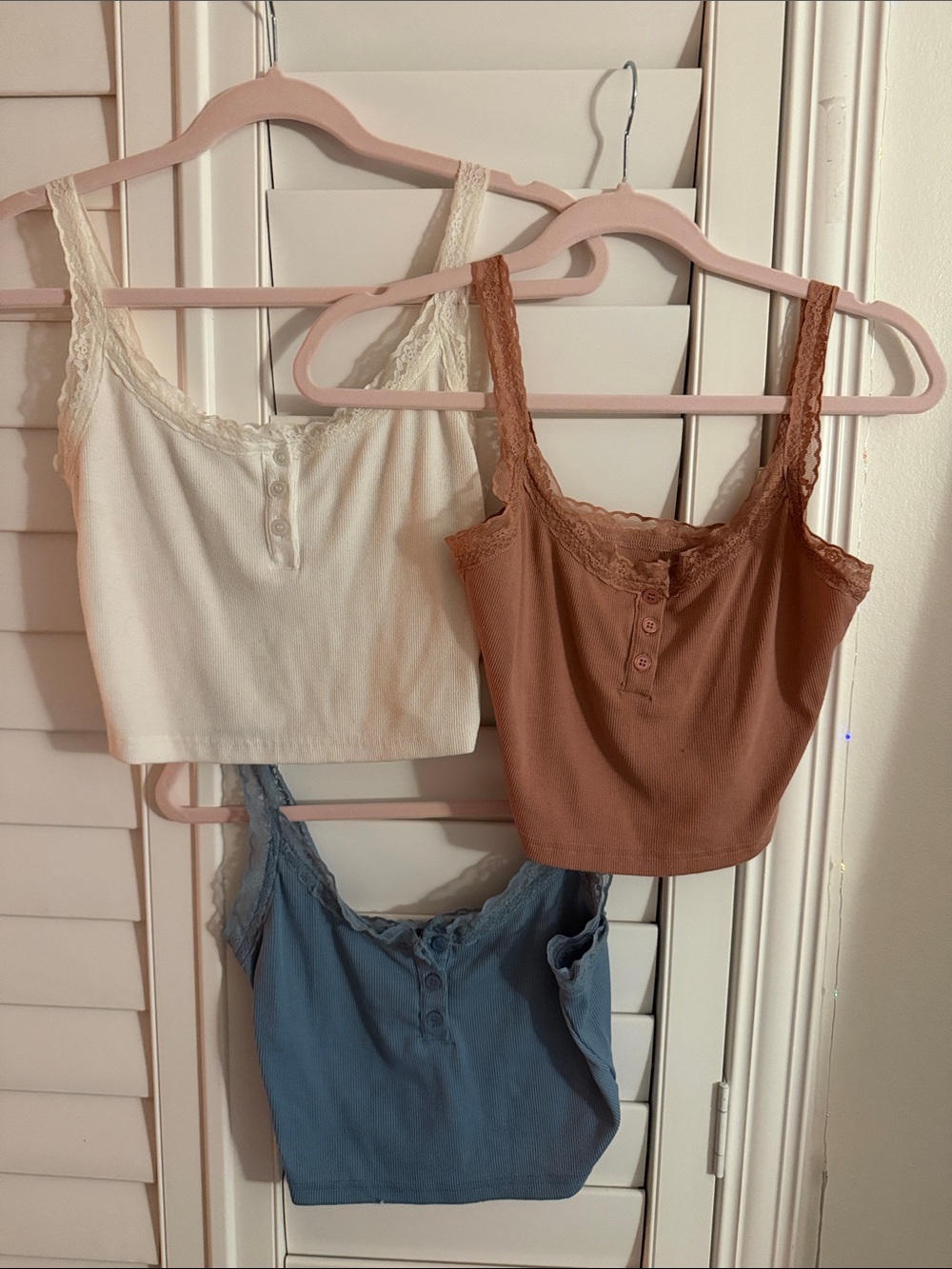 Lace-Trim Henley Crop Tank Top - White, Brown, Blue
